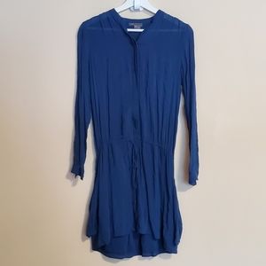 Vince Shirred Shirt Dress Royal Blue Drawstring Waist Women’s Sz XS Long Sleeve